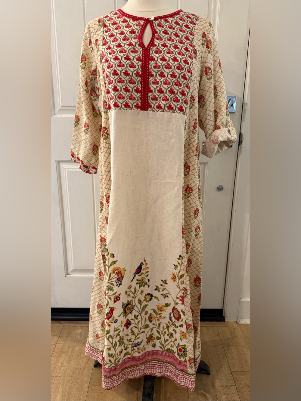 BIBA Indian Floral Block Anarkali Kurta Maxi Dress Bird Motif Cream 34 *read*